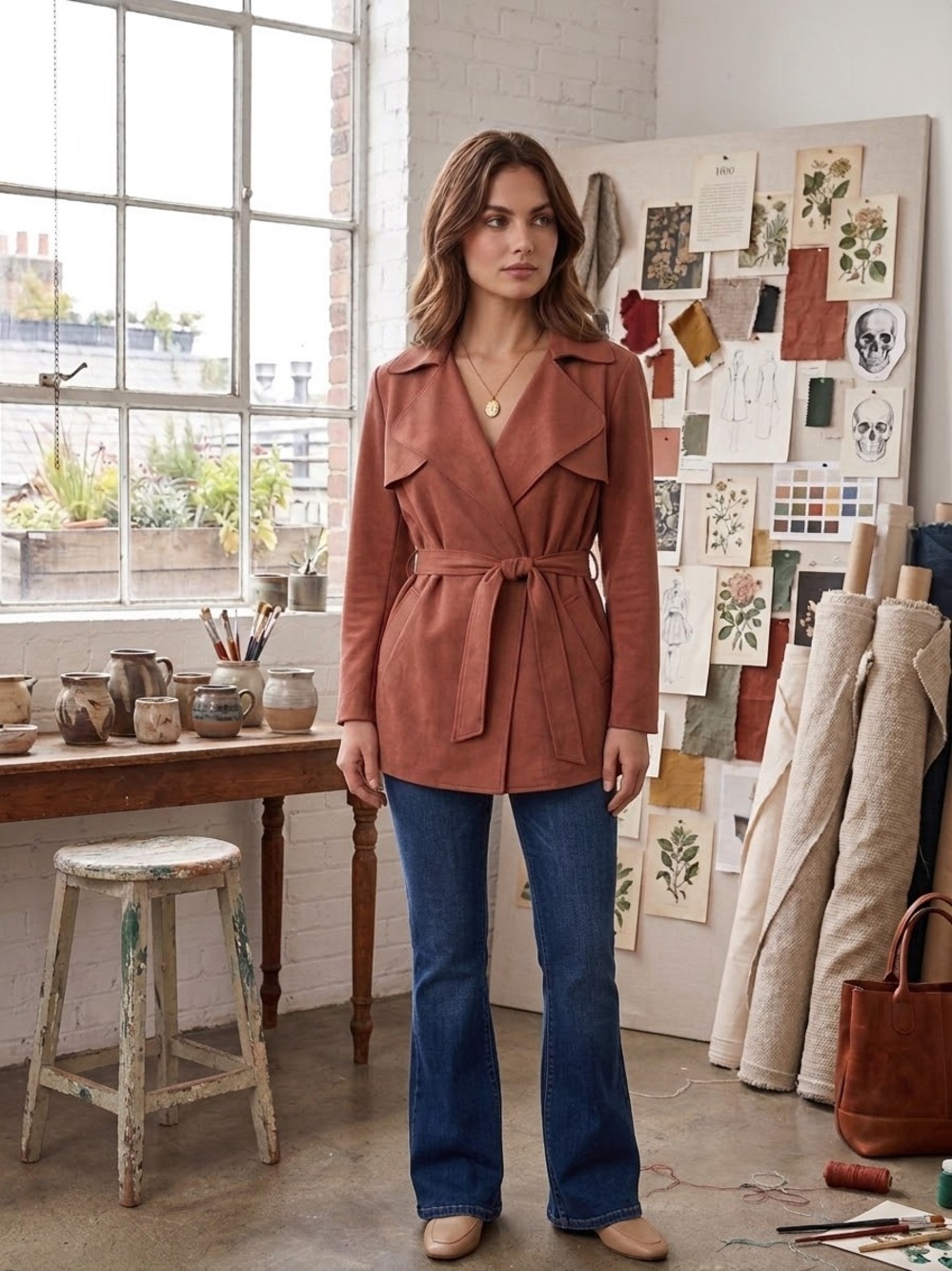 Tahari Rust Suede Texture Tie-Waist Trench Coat